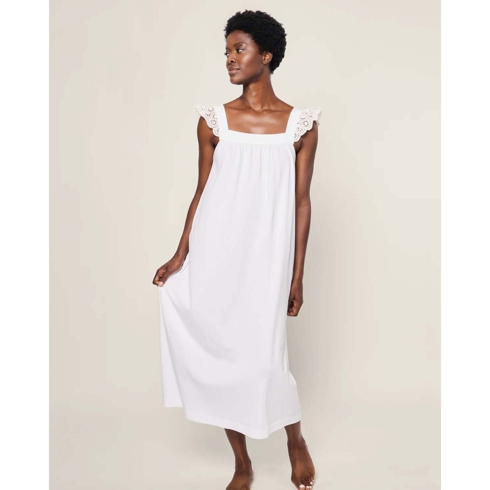 Petite Plume Women's Pima Clara Nightgown in White Flutter Sleeve Cotton Medium